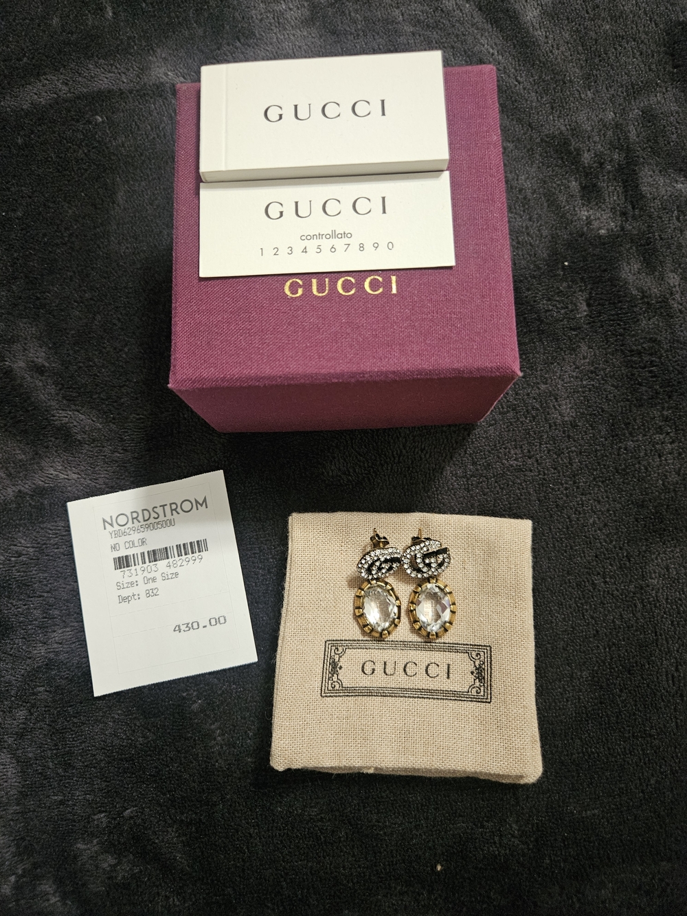 Gucci Crystal GG Drop Earrings in Gold and Clear - Picture 2 of 5